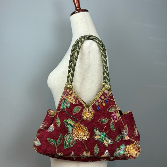 Tapestry Beaded Sequins Purse Tote Bag Burgundy Green Gold Floral Butterfly - Picture 1 of 14